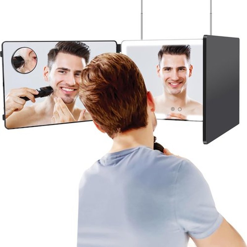 JANMPASK 3 Way Mirror, LED Home Mirror for Self Hair Cutting, 14x9 inches, Door Mount, 360 Makeup Mirror with Light, Adjustable, 10x Magnification