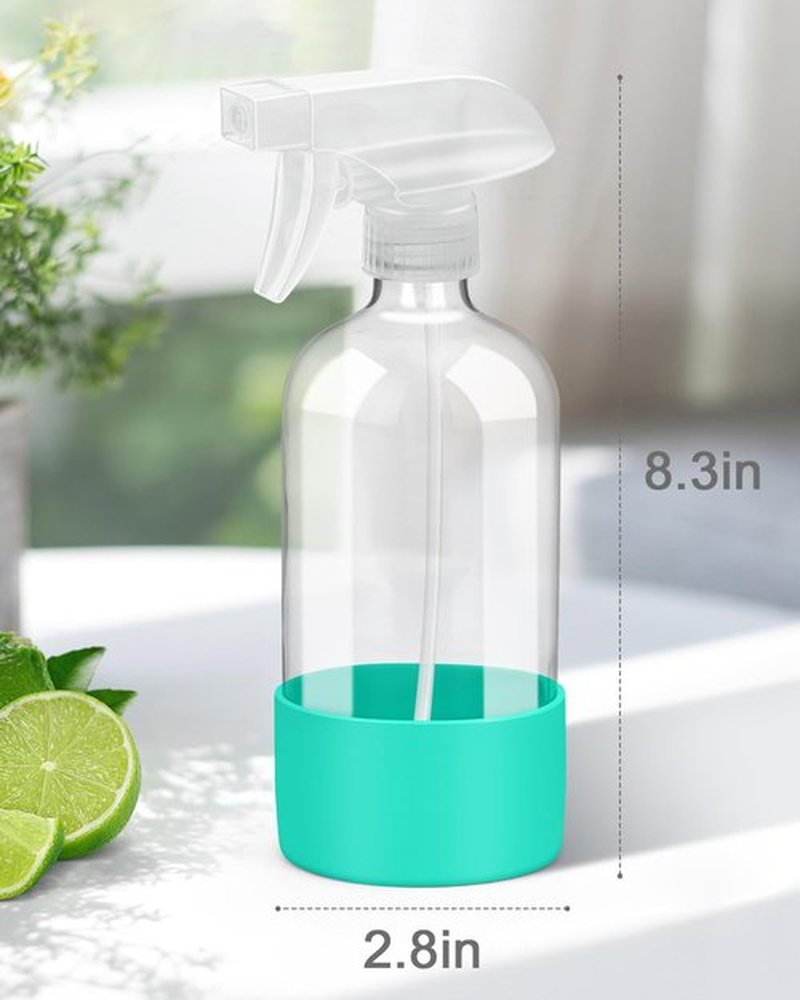 Roinisor Glass Spray Bottles with Silicone Sleeve Protection, Empty 16OZ Reusable Spray Bottles, Refillable Containers with Spray Nozzles for Cleaning Solutions, Plants and Essential Oils 1 Pack Green