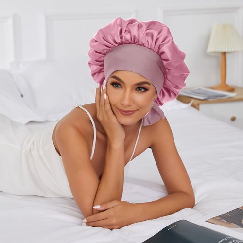 Satin Silk Bonnet Hair Bonnet for Sleeping Jumbo Sleep Cap, Black Bonnet for Women Curly Hair, Double Layer Bonnet with Tie Band Shower Cap