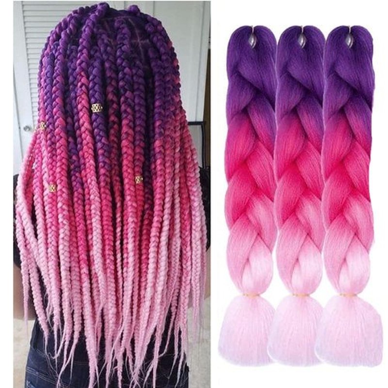 Jumbo Braiding Hair Fiber Mix Four Silky Colorful Twist Braiding Hair 3pcs Rainbow Colors Extensions Synthetic Hair Purple-Red-Pink Synthetic Fiber Soft Healthy (24 Inch 3pcs)