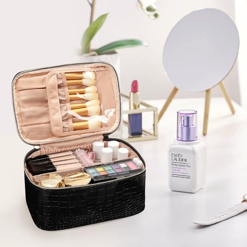 OCHEAL Makeup Bag, Portable Cosmetic Bag, Large Capacity Travel Makeup Case Organizer, Black Makeup Bags for Women Toiletry Bag for Girls Traveling With Handle and Divider-Leather