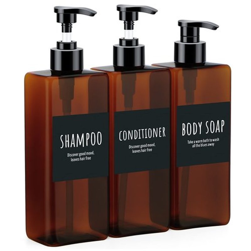 16.9oz Shampoo Bottles, Segbeauty 3pcs 500ml Pump Press Shower Containers with Labels, Empty Refillable Shampoo Body Soap Conditioner Shower Gel Plastic Bathroom Press Lotion Dispenser Amber