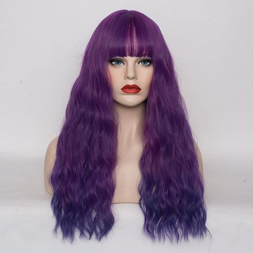 WGPFWIG Women's Purple Ombre Wig 22''Long Curly Wavy Wig Shoulder Length Flat Bangs Wig For Women Girl Cosplay Party Halloween Wig Cap Included (22''Purple Ombre)