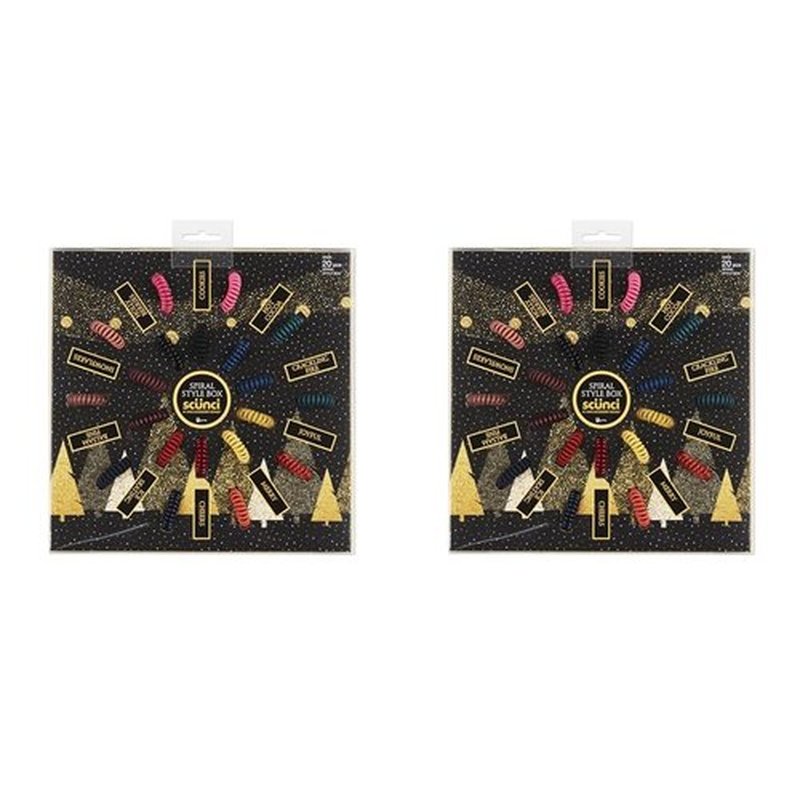 Festive Spiral Hair Tie Elastic Fashion Gift Box Contains 20 No-Stress, No-Damage Ponytail Bands in Pink, Coral, Green, Sage, Navy, Berry, Black, Blue, Gold, Red in Acrylic Presentation Box