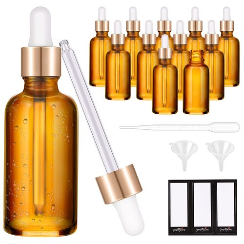PrettyCare Eye Dropper Bottle 2 oz (12 Pack Amber Glass Bottles 60ml with Golden Caps, 24 Labels, Funnel & Measured Pipettes) Empty Tincture Bottles for Essential Oils