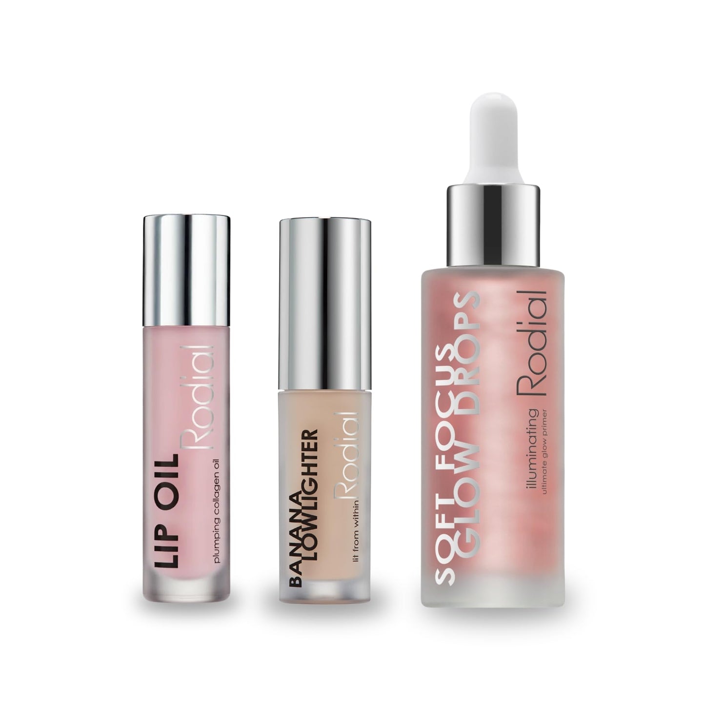 Rodial Glow Essentials Set - Soft Focus Glow Drops 1.05 fl oz. + Banana Lowlighter Travel Size 0.05 fl oz. + Lip Oil 0.13 fl oz. - Hydrating Radiance Boosting Trio for Brightening Skincare and Makeup