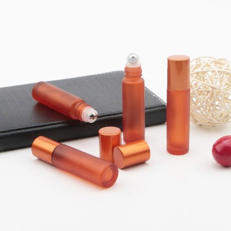 Kesell Glass Roller on Bottle, 10ml Refillable Essential Oil Bottle with Stianless Steel Ball, Pack of 10 (Orange)