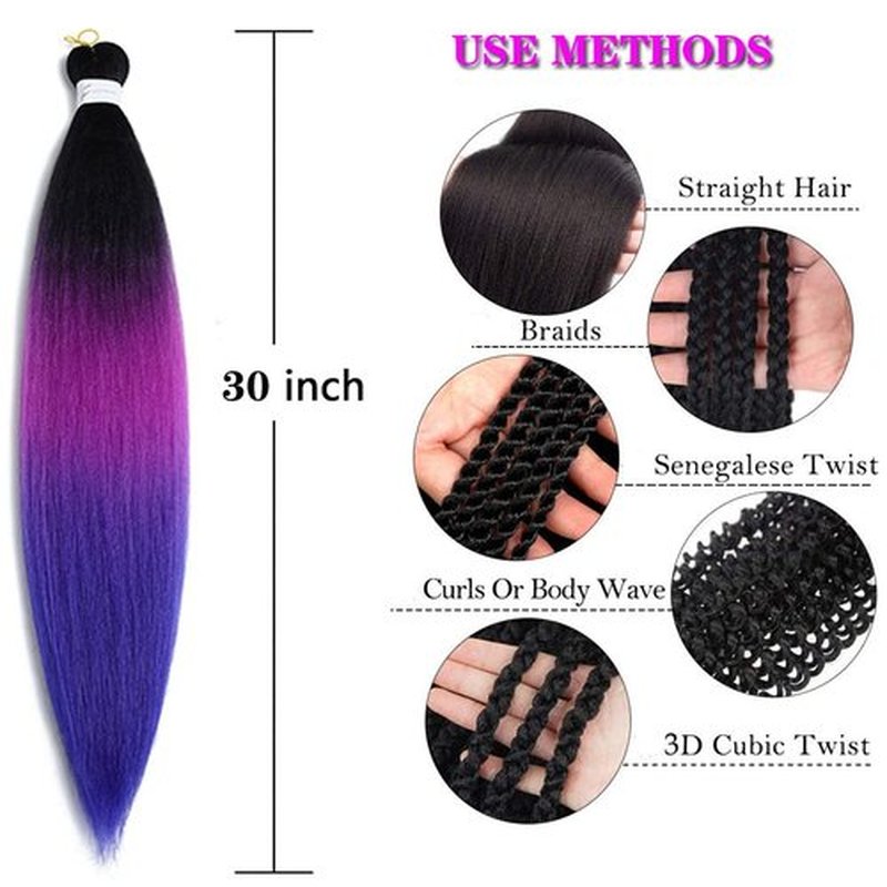 Pre Stretched Braiding Hair Extensions 30 Inch 6 Packs Long Professional Crochet Twist Braids Hair High Temperature Synthetic Fiber Yaki Texture(30",black-purple red-blue)