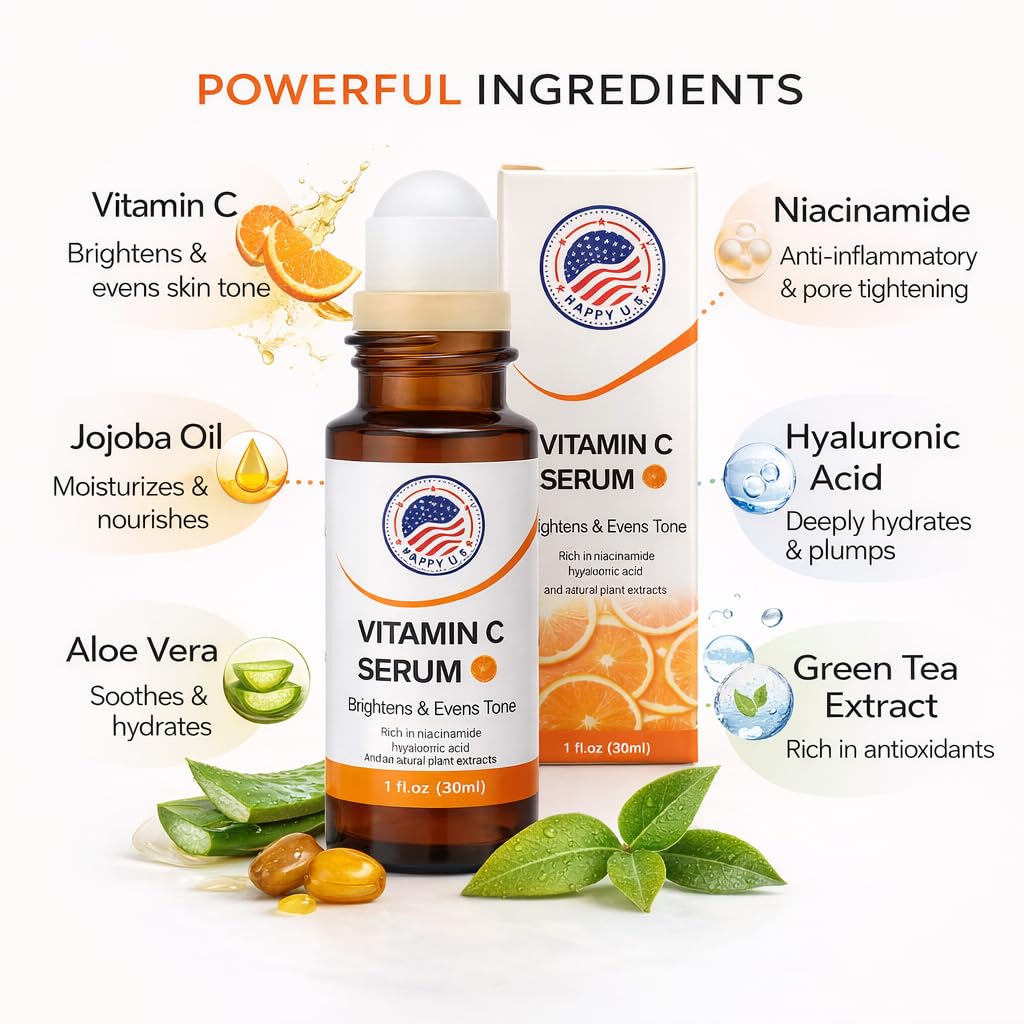 Vitamin C Serum Roll On for Face with Hyaluronic Acid, Vitamin E & Niacinamide – Brightening Anti Aging Facial Serum for Dark Spots, Fine Lines & Wrinkles – Hydrating, Even Tone, All Skin Types – 30ml