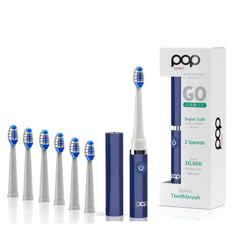 Pop Sonic Electric Toothbrush (Navy + 6 Brush Heads) - Travel Toothbrushes w/AAA Battery | Kids Electric Toothbrushes with 2 Speed & 15,000-30,000 Strokes/Minute, Dupont Nylon Bristles