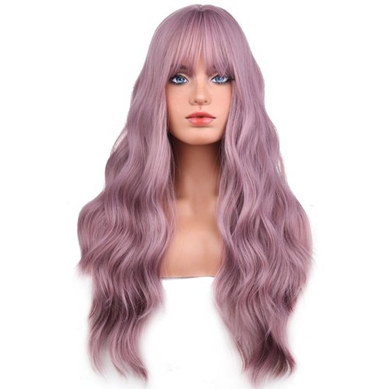 BERON 26 Inches Purple Wig Long Curly Wig Taro Purple Wigs with Bangs Long Wavy Dust Purple Wigs for Halloween Party