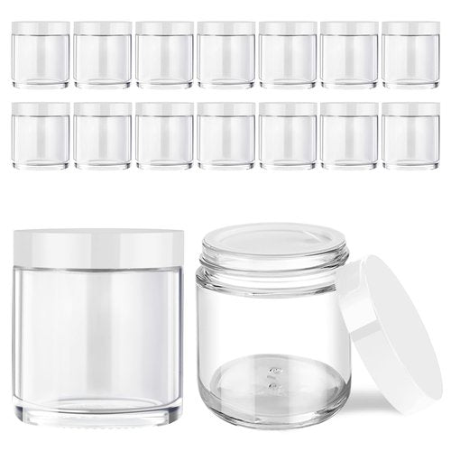 Tecohouse 4 oz Glass Jars with Lids, 16 Pack Clear Cream Jars with Lids, White Labels & Inner Liners, Empty Round Clear Slime Containers for Cream, Lotion-Clear