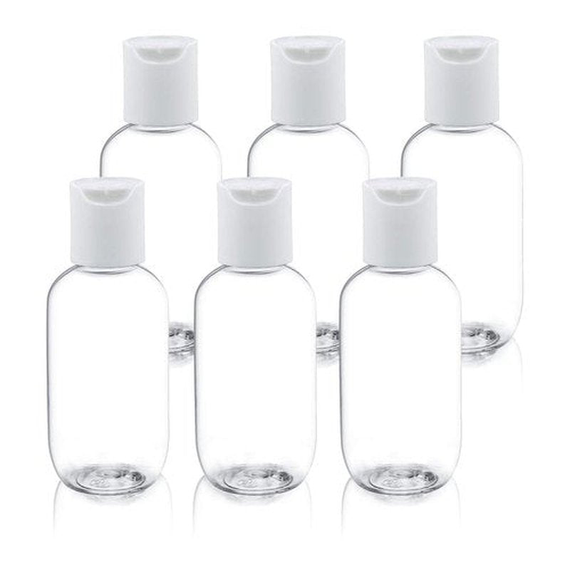 TrendBox 60ml / 2oz Empty Plastic Refillable Essentials Bottles with Disc Top Flip Cap - 6 Pack