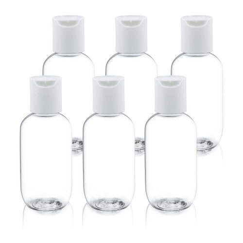 TrendBox 60ml / 2oz Empty Plastic Refillable Essentials Bottles with Disc Top Flip Cap - 6 Pack