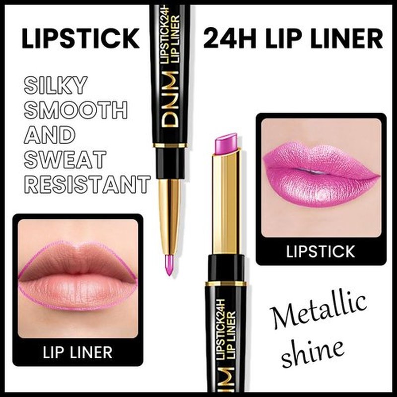HHLTOH Vivid Fuchsia Metallic Shine Shimmer Lip Liner and Lipstick Combo Set Kit for Women, DNM Lightweight Hydrating Formula High Impact Full Coverage Lipstick and Lip Liner Makeup Stains Gloss, 19#