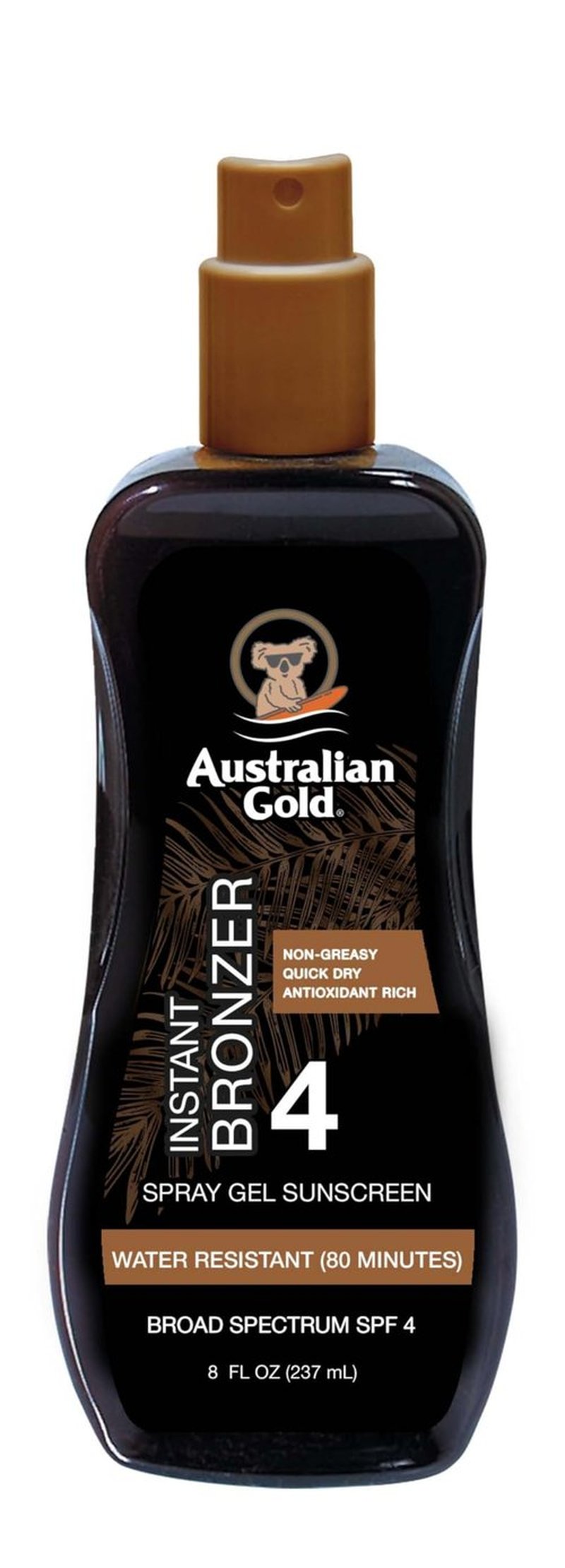 Australian Gold Spray Gel Sunscreen with Instant Bronzer SPF 4, 8 Ounce, Moisturize & Hydrate Skin, Broad Spectrum, Water Resistant, Non-Greasy, Vegan and PETA Approved, Cocoa Dreams Scent