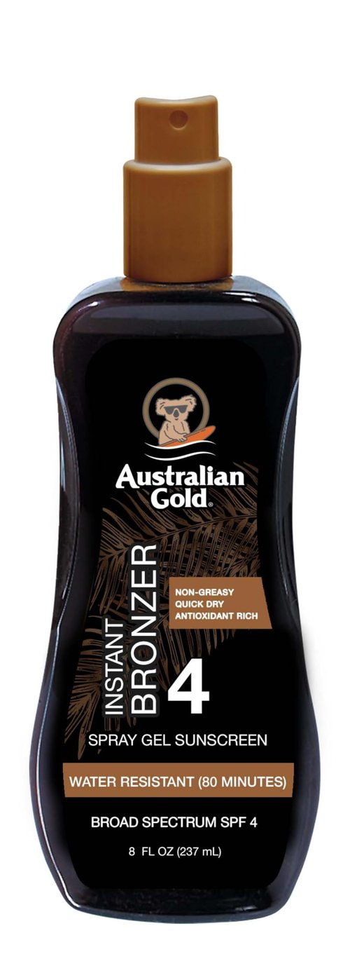 Australian Gold Spray Gel Sunscreen with Instant Bronzer SPF 4, 8 Ounce, Moisturize & Hydrate Skin, Broad Spectrum, Water Resistant, Non-Greasy, Vegan and PETA Approved, Cocoa Dreams Scent
