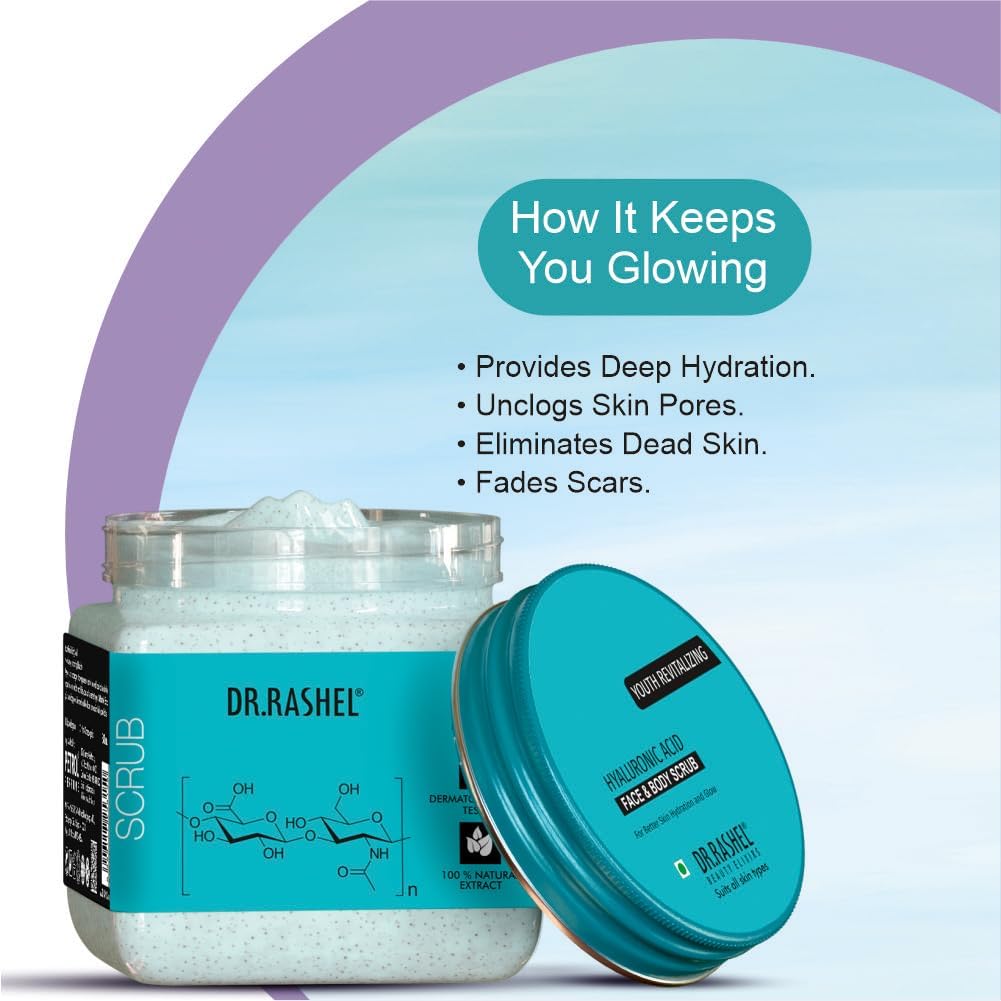 DR.RASHEL Hyaluronic Body, Face, Hand & Foot Scrub 12.84 Fl Oz Exfoliating Face Wash with Natural Extracts for Tan Removal, For Youth Revitalizing, Nourishing, Hydrating & Elasticity - 380ml
