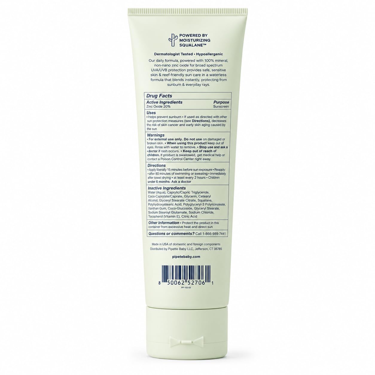 Pipete Mineral Sunscreen Lotion SPF 50, Broad Spectrum UVA/UVB Protection, Hypoallergenic, Fragrance-Free, Non-Nano Zinc Oxide, Water Resistant (80 Minutes), Vegan, 3 fl oz (Pack of 2)