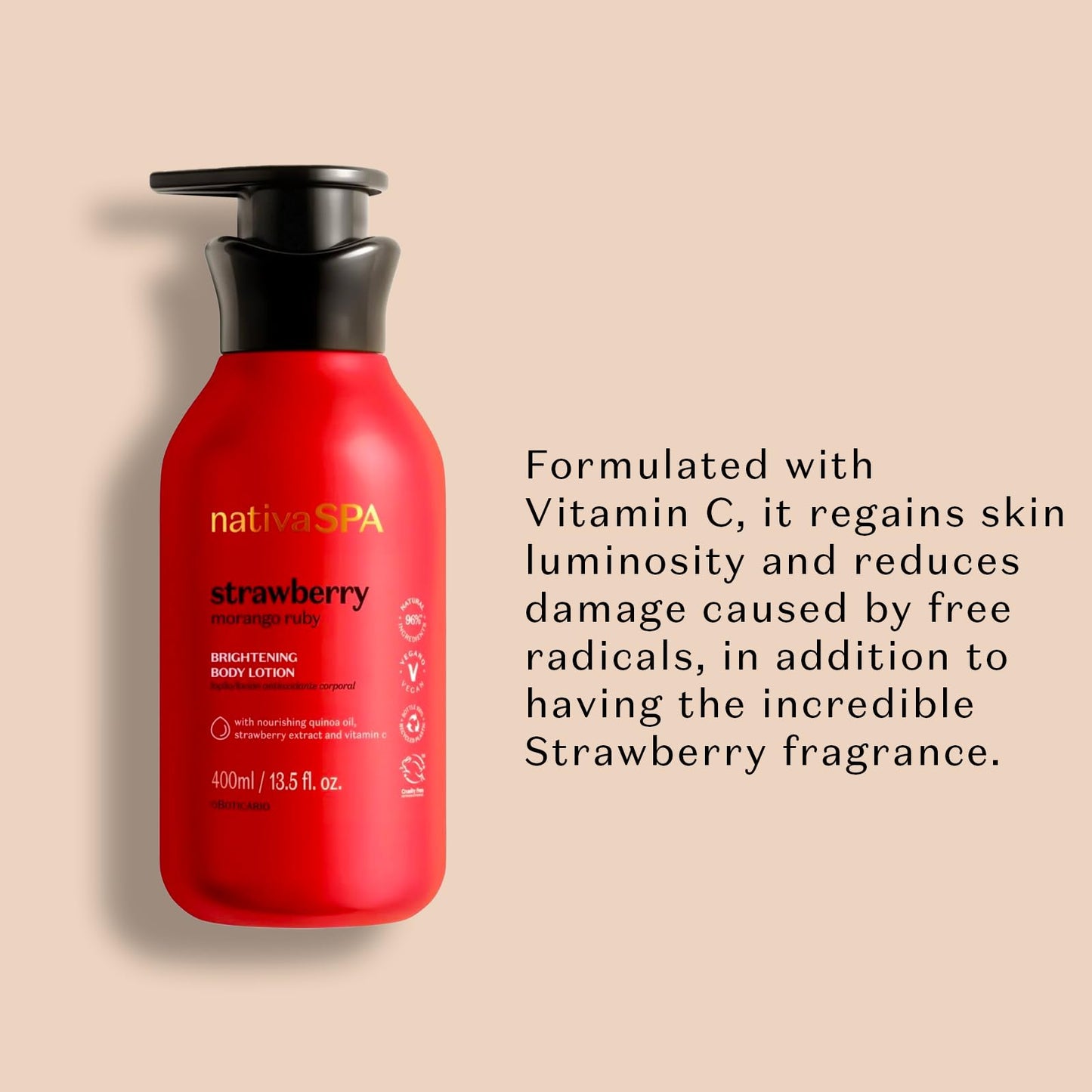 Nativa SPA by O Boticário, Ruby Strawberry Antioxidant Body Lotion, Brightening Vitamin C and Nourishment for Radiant Skin, 13.5 Ounce