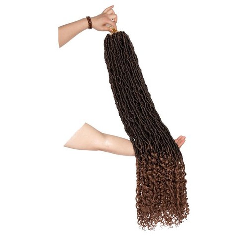 Leeven 36 Inch 7 Packs Goddess Locs Crochet Hair Ombre Brown Pre-looped Long Bohemian Crochet Faux Locs Hair With Curly Ends 84 Strands Synthetic Soft Locs Hair Extensions for Black Women T30#