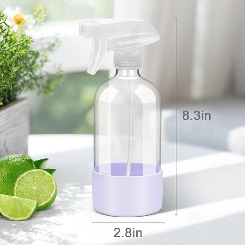 Rionisor Glass Spray Bottles with Silicone Sleeve Protection, Empty 16 oz Refillable Containers, Reusable Spray Bottles with Adjustable Nozzle for Hair, Cleaning Solutions, 3 Pack Purple