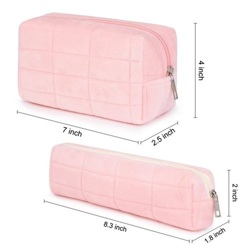 SOIDRAM Makeup Bag Checkered Cosmetic Bag Plush Pink Makeup Pouch 1Pcs Large Capacity Makeup Bags and 1Pcs Makeup Brushes Storage Bag Travel Toiletry Bag Organizer