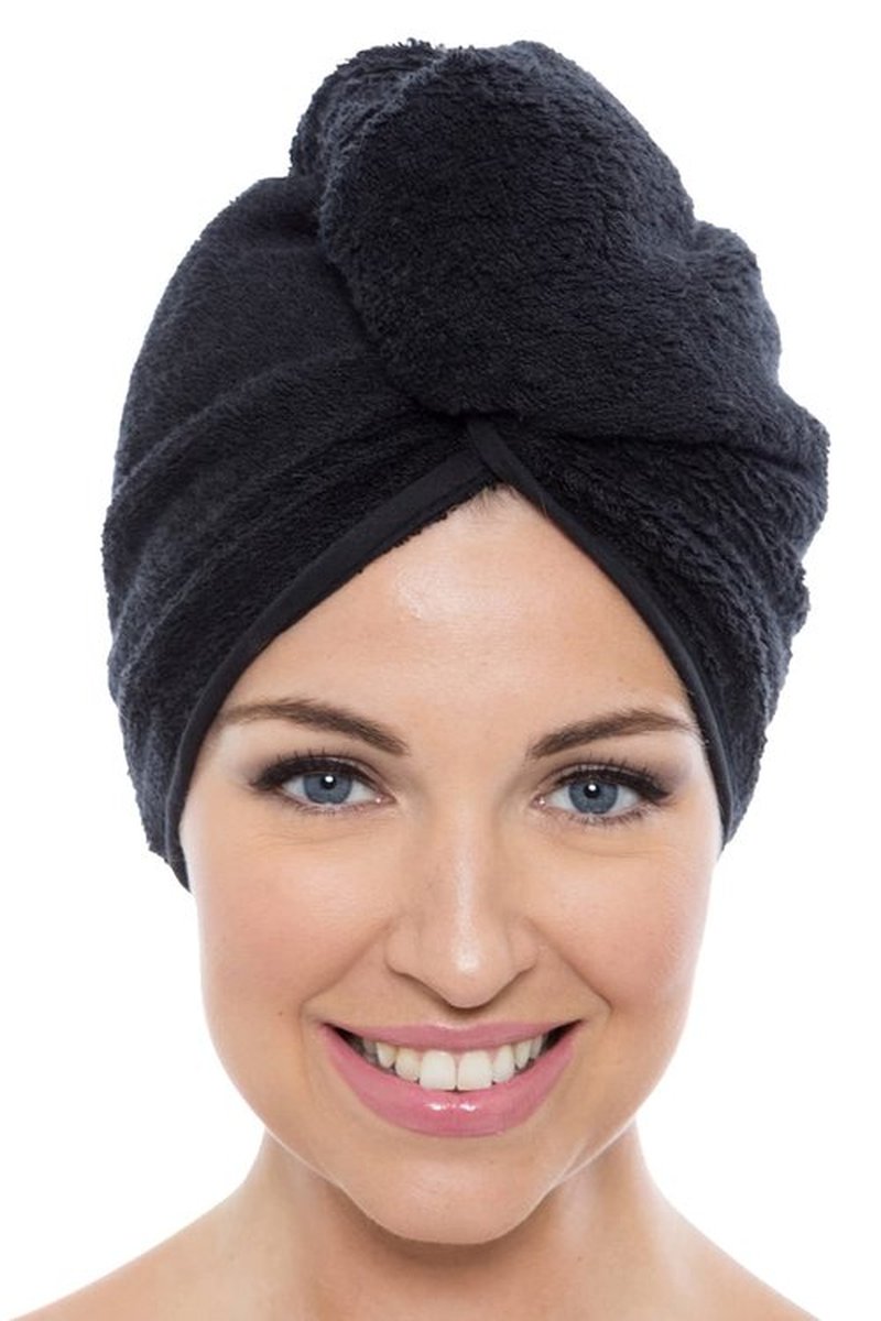 Texere Women's Viscose from Bamboo and Cotton Terry Hair Towel - Lightweight, Absorbent Quick Drying Hair Wrap - Twist Towel with Elastic Loop Holder (Tya, Black, U)