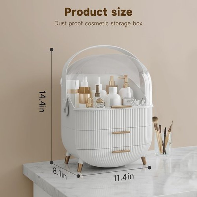 Makeup Storage Organizer with Lid, Waterproof Cosmetics Skincare Organizer for Vanity, Portable Makeup Storage Box for Countertop, Gifts, Women (White)