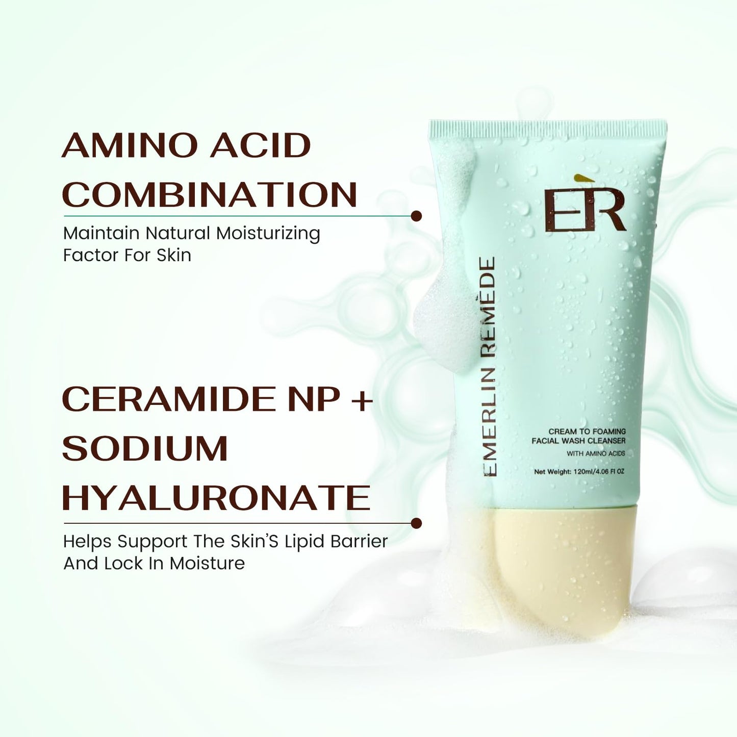 Emerlin Remède Cream-to-Foam Cleanser with Aloe Water, Ceramide NP, Hyaluronic Acid & Xylitol, Hydrating Barrier Support for Oily to Normal Skin, 120ml