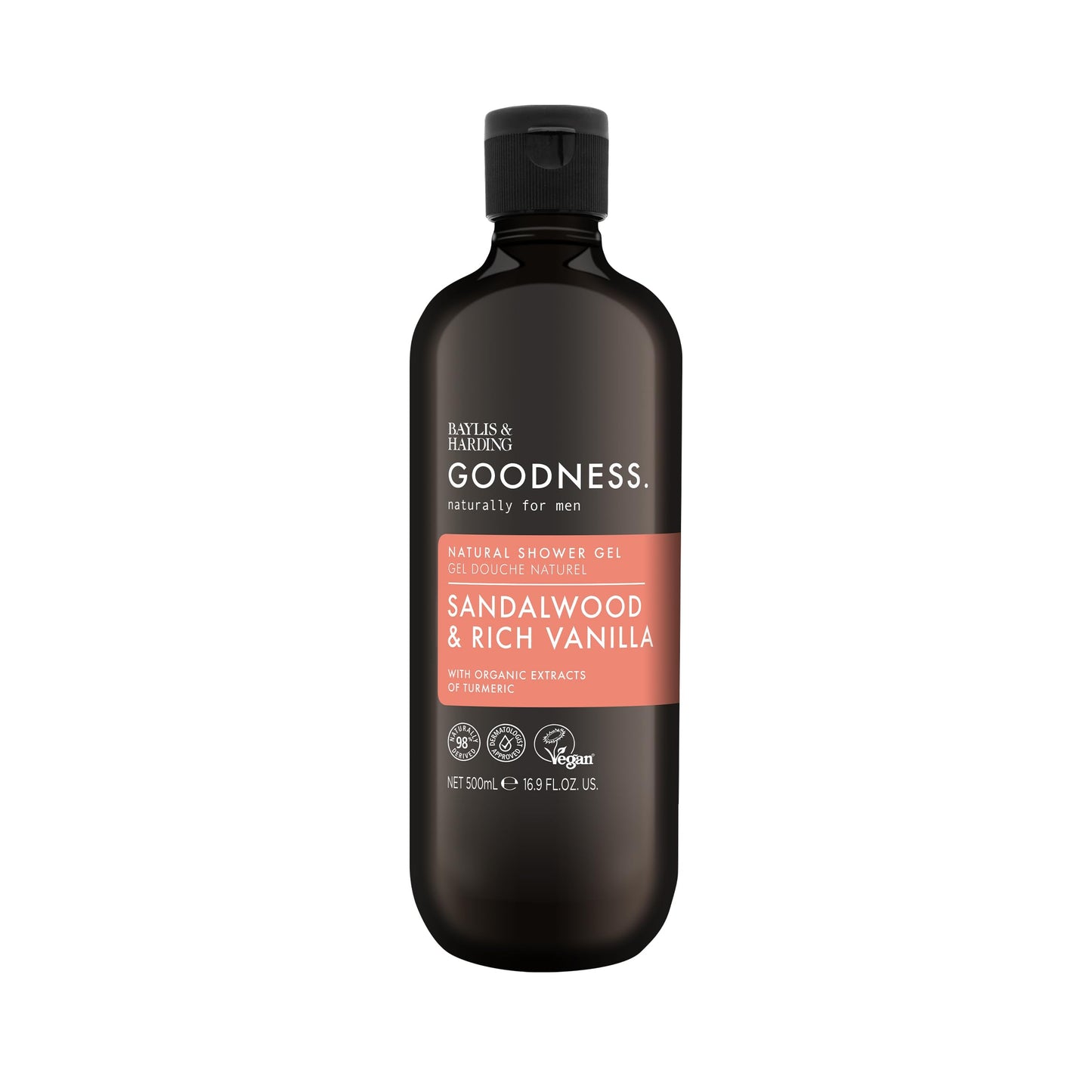 Baylis & Harding Goodness Men's Sandalwood & Vanilla Natural Body Wash, 16.9 fl. oz (Pack of 3) - Biodegradable Formula - Vegan Friendly