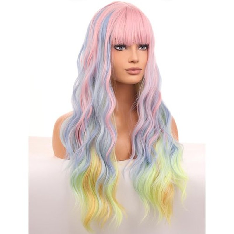 BERON Rainbow Long Wigs Curly Wavy Women Pastel Wigs with Bangs Colorful Heat Resistant Synthetic Wigs for Cosplay or Daily Wigs Wig Cap Included
