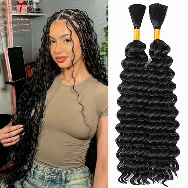 Deep Wave Bulk hair for Braiding Wet and Wavy Micro Braiding Hair No Weft Faux Deep Wave Braiding Hair Extensions for Box Boho Braids 155g with 2Bundles #1B (22Inch)
