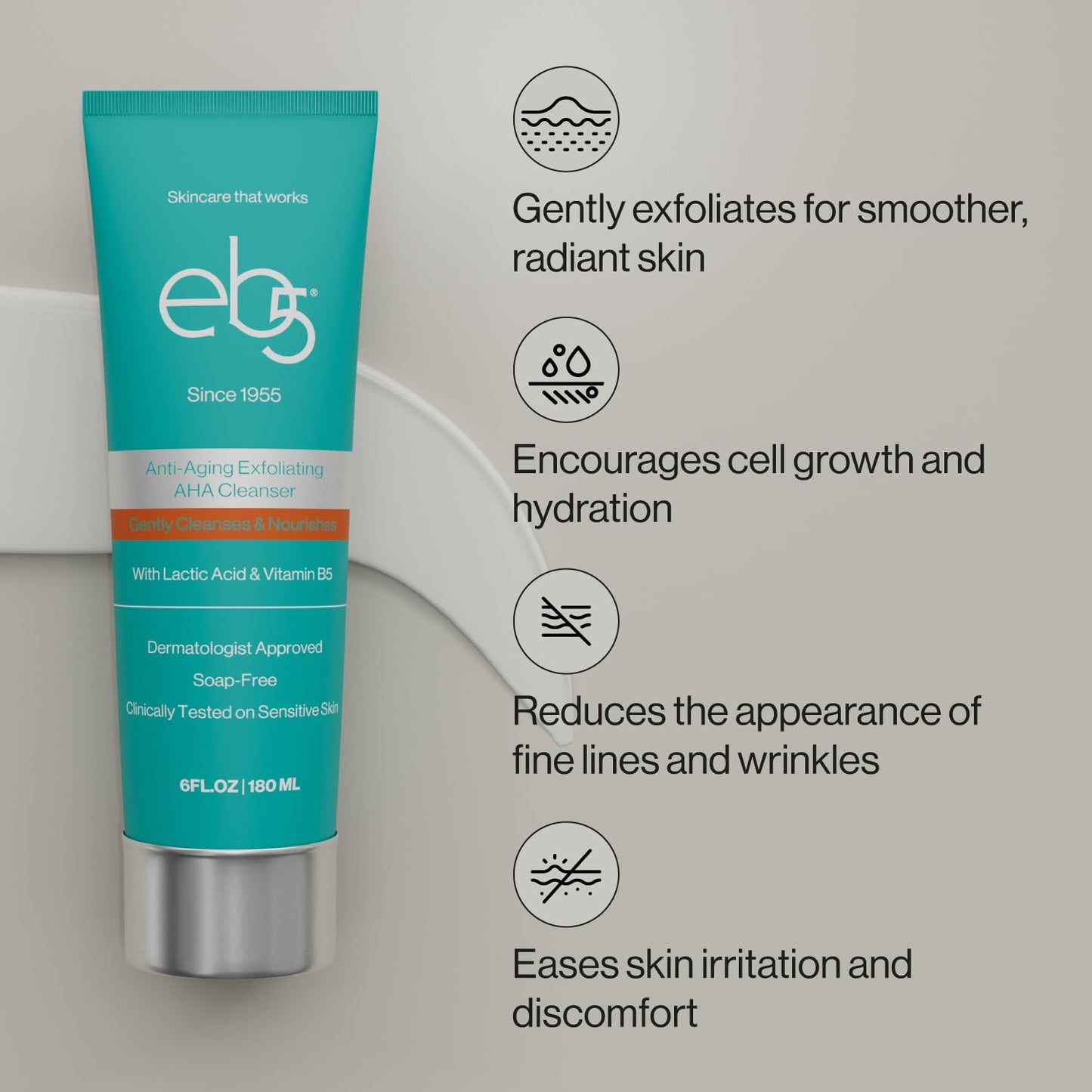eb5 Exfoliating Aha Cleansing Lotion for Nourishing and Glowing Skin | Moisturizing, Soap-free, Anti-Aging Gentle Cleanser for Men & Women (6 Fl oz)