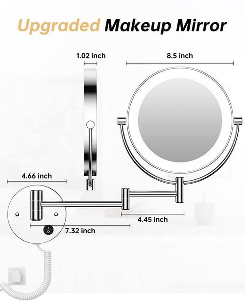 Gospire 8.5 Inch LED Wall Mounted Makeup Mirror Round Double Sided 1X/10X Magnifying Vanity Mirror with Lights 360 Degree Swivel Lighted Cosmetic Mirror (8.5 Inch-10X, Chrome Mirror with LED)