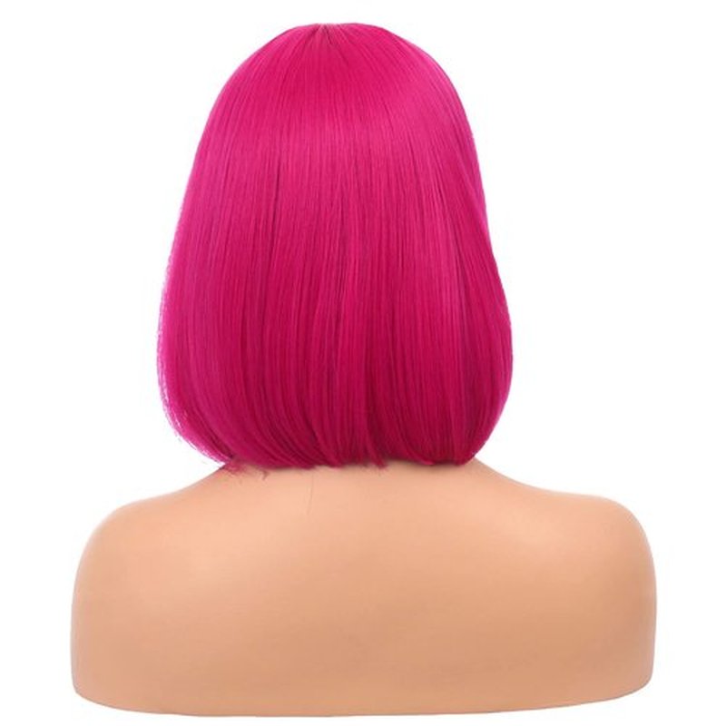 WTHCOS Hot Pink Wig Short Straight Bob Wig with Bangs Rose Red Wigs Women Girls Synthetic Wigs Daily Cosplay Party Wig with Wig Cap