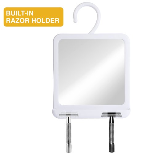 MIRRORVANA Dual Anti Fog Shower Mirror for Shaving with Hook for Hanging and Fogless Shatterproof Surface - Fill Back Chamber/Reservoir with Hot Water for Fog Free Shave (8" x 7", White)