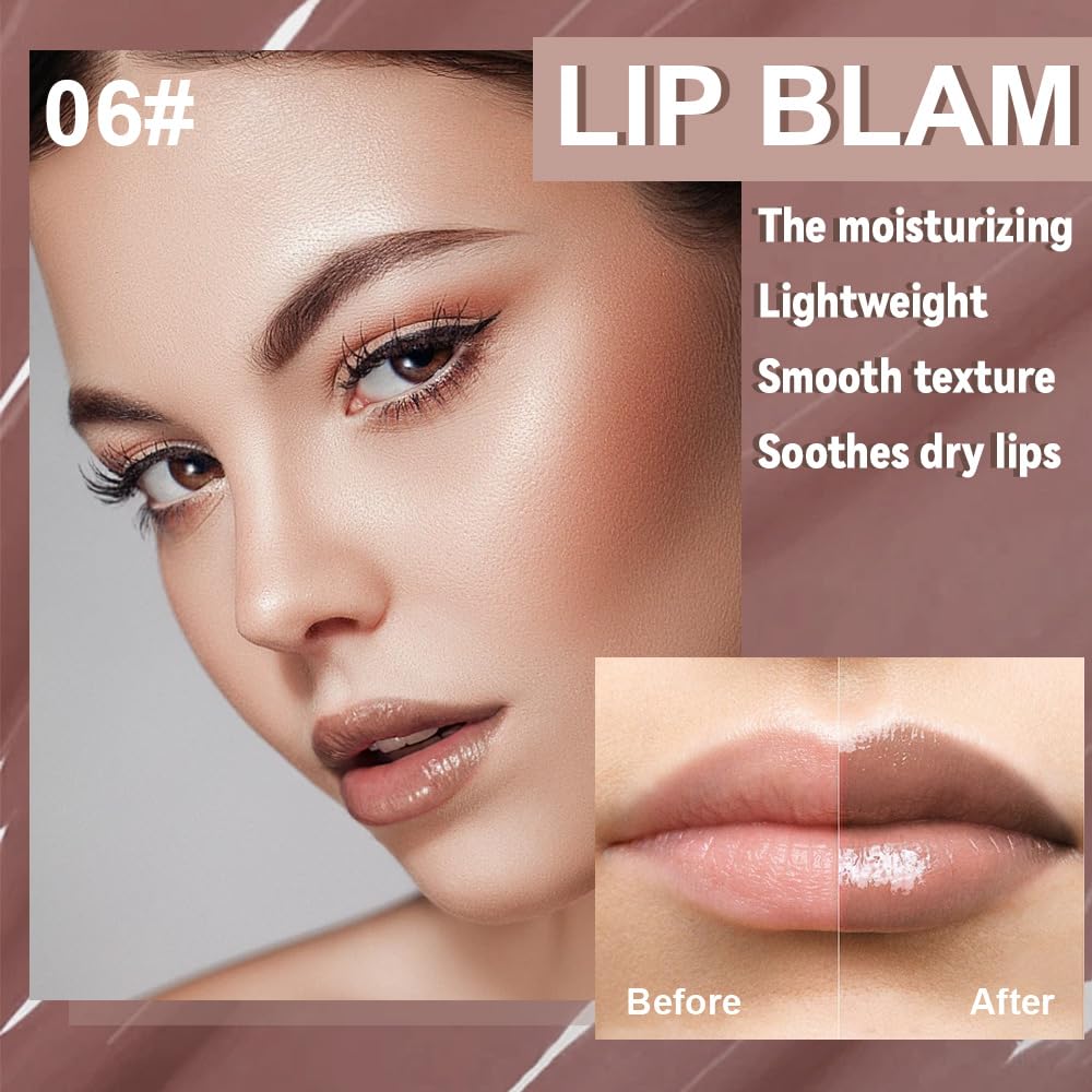 HHLTOH Summer Lip Butter Lip Balm Glow Reviver Lip Gloss, Melting Lip Serum, Ultra-Hydrating Natural Vegan Lip Balm, Sheer-Tinted Shine & Hydration, Soothes & Softens Dry Lips (06# Nude Brown)