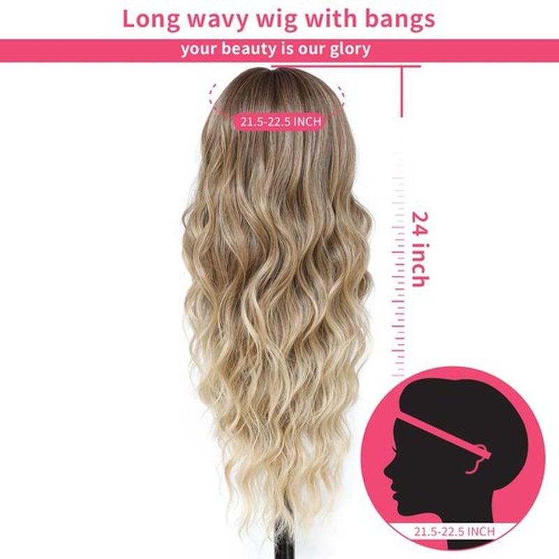 Dirty Blonde Wig With Bangs Long Wavy Curly Ombre Blonde Wig with Dark Roots Wigs For White Women Blonde Wigs With Bangs Synthetic Heat Resistant Wigs for Women Daily Party Use 24inch (Dirty Blonde)