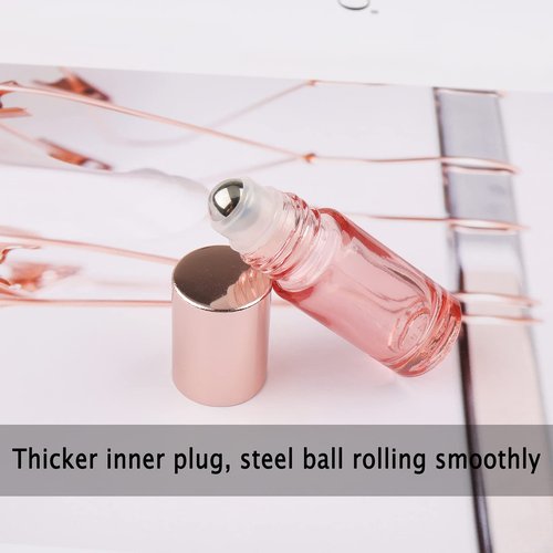 Newzoll 10 Pcs Roll-on Bottles Set, 5 ml (1/6 oz) Refillable Roller Bottles with Funnels & Opener, Glass Roll on Bottles Containers for Perfumes Aromatherapy Essential Oils Liquid, Rose Gold
