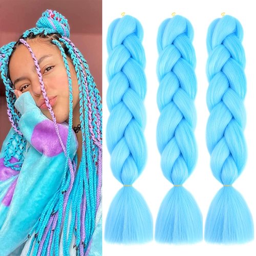 Xiaofeng Colorful Ombre Braiding Hair Extensions 24 Inch 3 Packs High Temperature Jumbo Crochet Braiding Hair for Box Twist Braids (24 Inch (Pack of 3), Fresh blue)