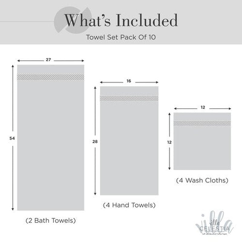100% Combed Cotton Bathroom Towel Set of 10-2 Bath Towels, 4 Hand Towels, 4 Wash Cloths, Sustainable, Soft, Highly Absorbent 10 Piece Cotton Bath Towel Set Ideal for Hotels, Spa, Bathroom, Dorm, White