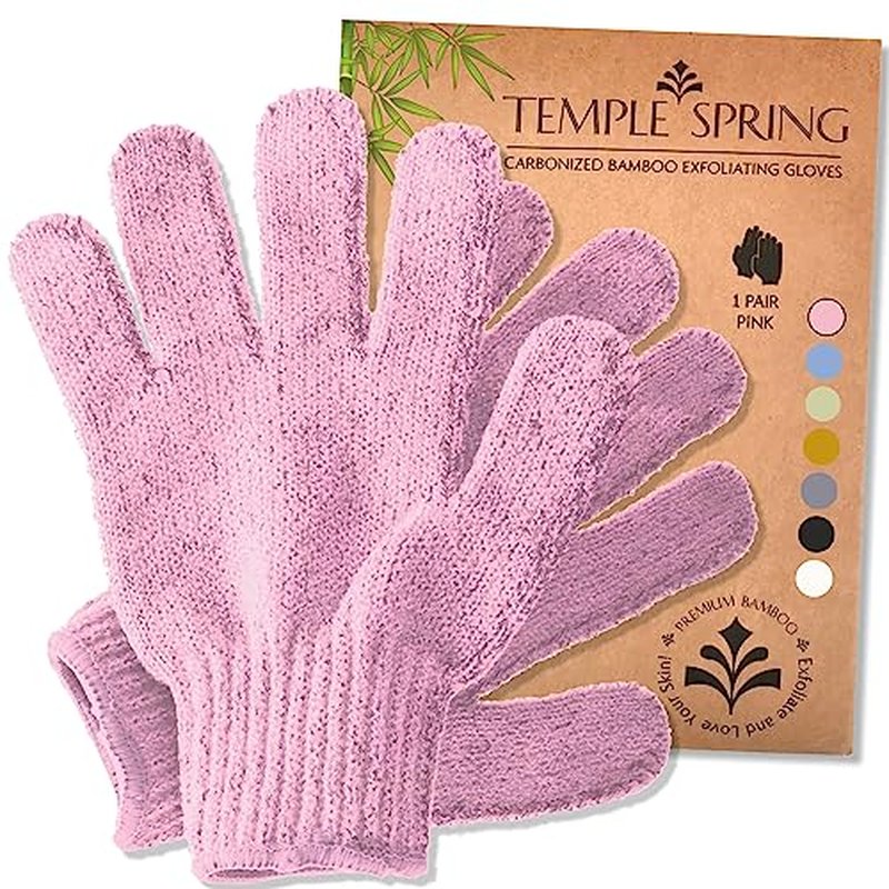 Temple Spring Exfoliating Gloves - Rayon Bamboo Bath/Shower Gloves, Bath Gloves for Shower Exfoliating and Ingrown Hair/Dead Skin Remover - Exfoliator Mitt Scrub Gloves - Pink
