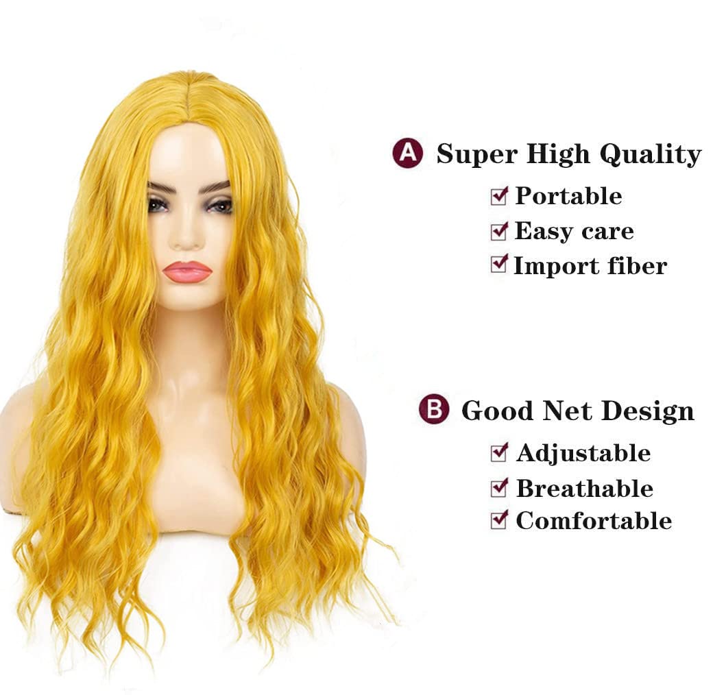 Beweig Yellow Wig for Women Long Curly Wavy Cute Colorful Wigs Middle Part Synthetic Hair Wigs Halloween Cosplay Daily Party Wigs (25 inch)