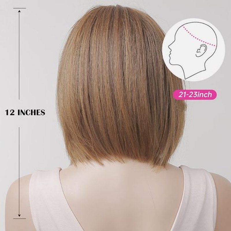 Tangyaoyusun 12Inch Dark Brown Wig with Bang Short Straight Bob Hair For Girls Women Theme Party (Brown Mix Blonde)