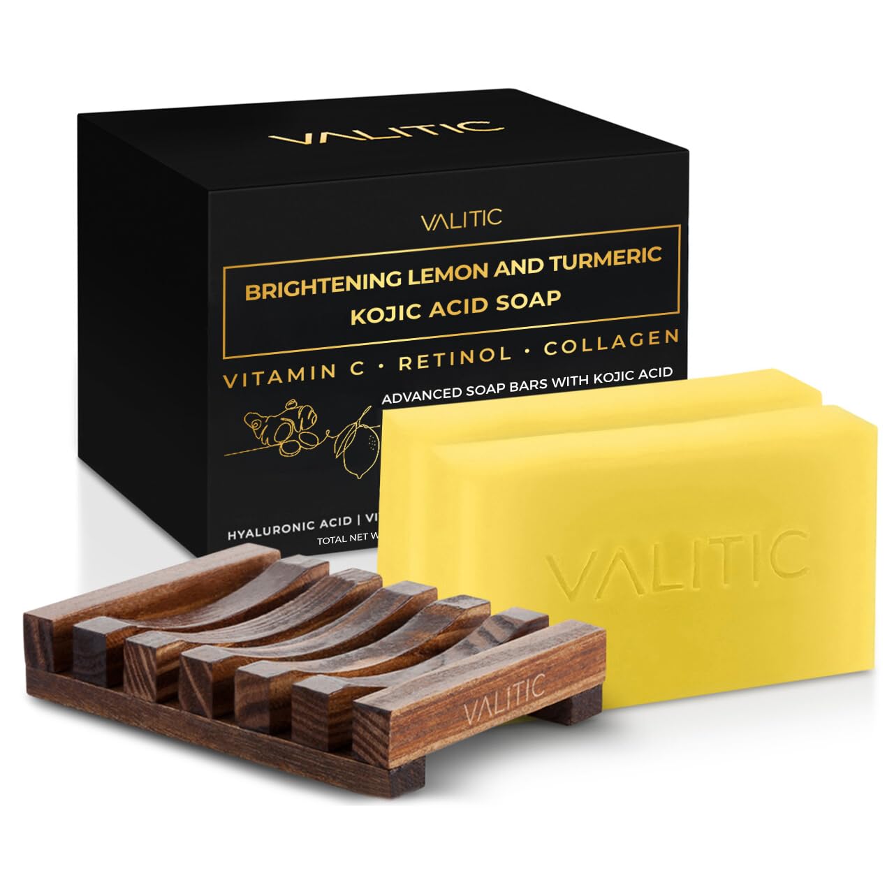 VALITIC Brightening Lemon & Turmeric Kojic Acid Soap with Vitamin C, Retinol, Collagen - Original Japanese Complex - with Hyaluronic Acid, Vitamin E, Shea Butter - Dark Spot Corrector 2 Pack & Holder
