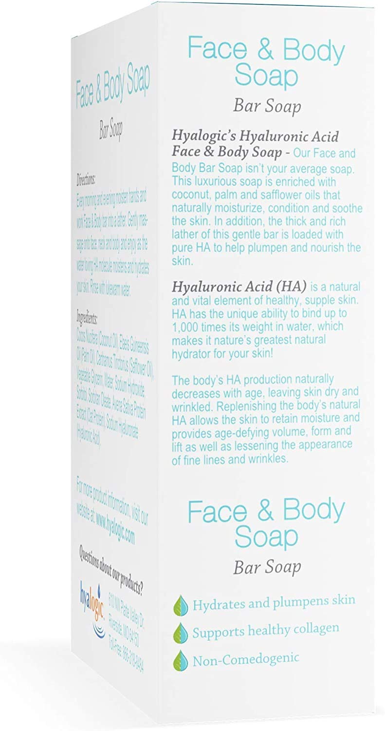 Hyalogic Face & Body Cleansing Bar Soap 4oz (Pack of 2) Hydrating Hyaluronic Acid Cleanser - Fragrance Free, Non-Irritating, Vegan Friendly HA