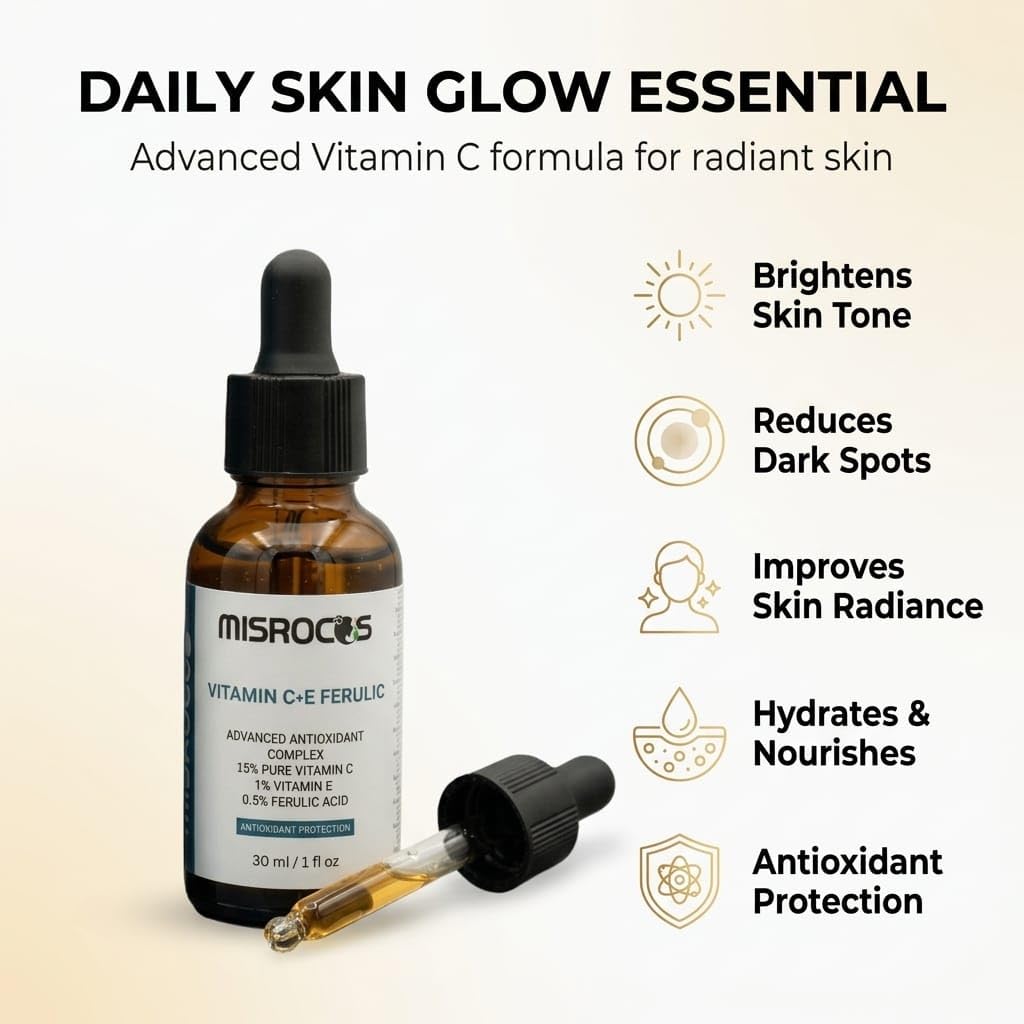 MISROCOS Vitamin C + E Ferulic Acid Serum - 30ml (1 fl oz) | Advanced Antioxidant Complex with 15% Pure Vitamin C | Brightening Face Serum for Fine Lines & Sun Damage (Pack of 1)