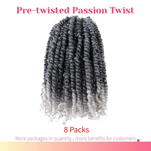 The BOHOBABE Pre-twisted Passion Twist Crochet Hair 10 Inch Short Ombre Gray Pre-looped Crochet Passion Twist Braiding Hair 8 Packs (T1B/grey)