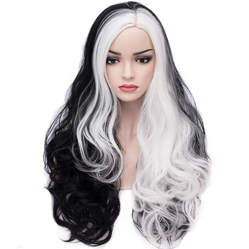 BERON 27 Inches Black White Wig Long Curly Wig Women Girls Charming Full Wig Long Wavy Wig Black White Split Wig for Cosplay Party Wig Cap Included